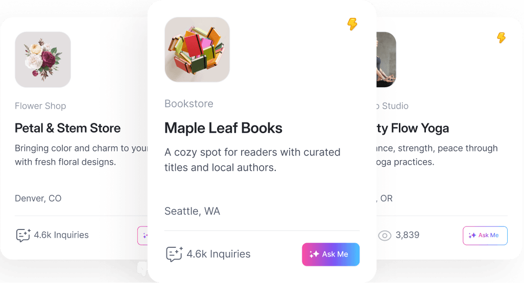 Business listing interface showing five featured businesses, each with inquiry counts, view counts, and Ask Me buttons