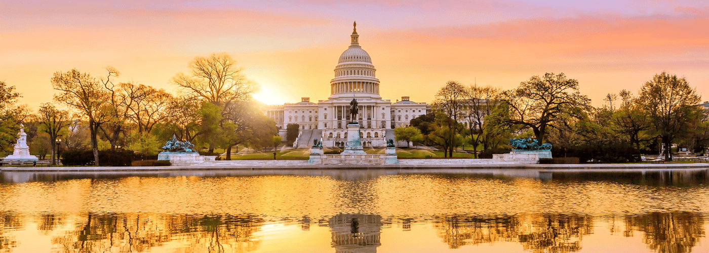 US Capitol building with its iconic dome reflected in water, surrounded by bare winter trees under a clear sky
