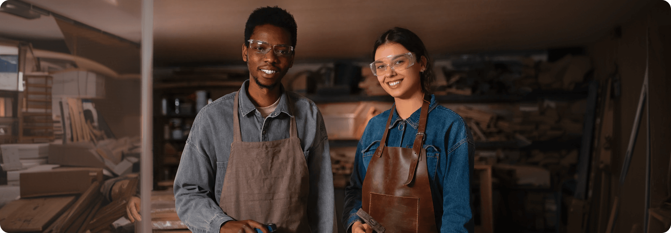 Two craftspeople wearing safety glasses and work aprons smile in a woodworking workshop filled with supplies and equipment.